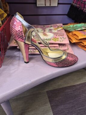 Bordello Gold Metallic Strappy Heels with Pink Accent